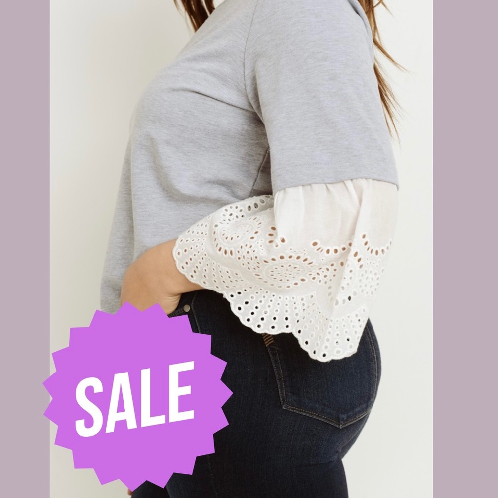Plus Size Gilli  Grey Crew Neck with Embroidered Eyelet Sleeve